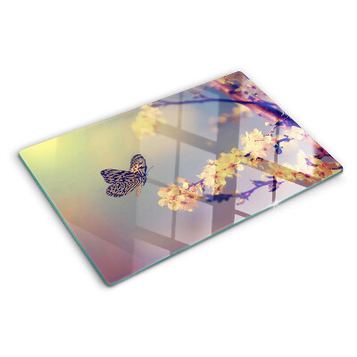 Planche à découper verre Motif papillon sur fond de fleurs