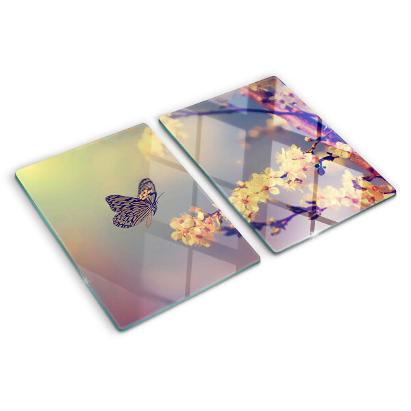 Planche à découper verre Motif papillon sur fond de fleurs