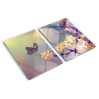Planche à découper verre Motif papillon sur fond de fleurs