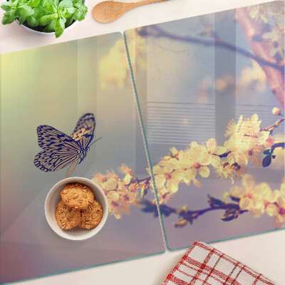 Planche à découper verre Motif papillon sur fond de fleurs