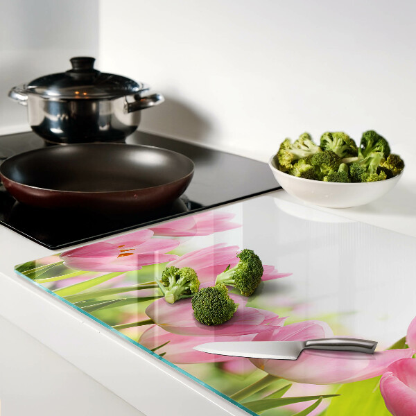 Planche à découper en verre Tulipes roses dans le jardin