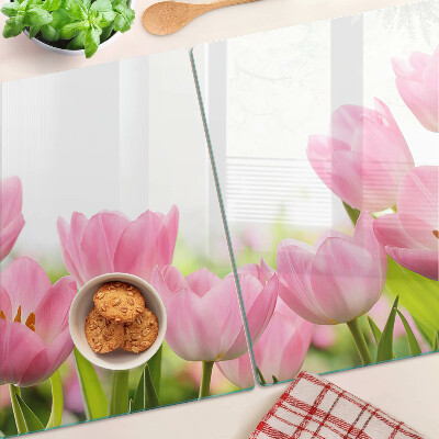 Planche à découper en verre Tulipes roses dans le jardin