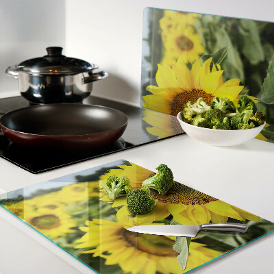 Planche à découper verre Tournesols sur fond de verdure