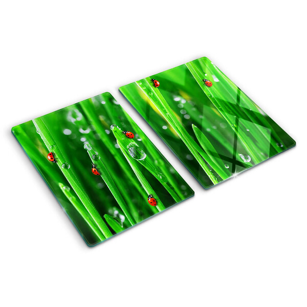 Planche à découper en verre Gouttes d'eau sur l'herbe avec des coccinelles