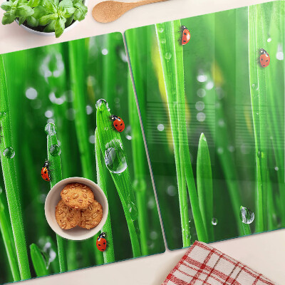 Planche à découper en verre Gouttes d'eau sur l'herbe avec des coccinelles