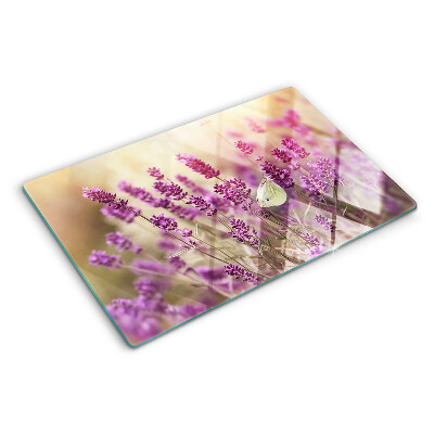 Planche à découper verre Champ de lavande avec un papillon