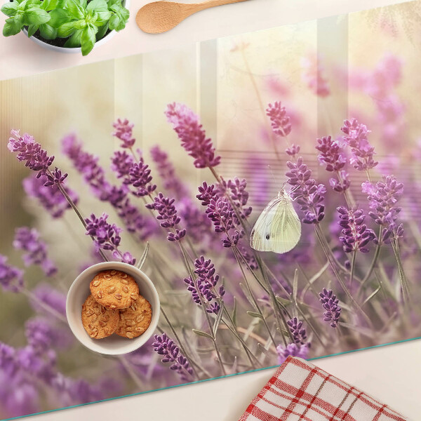 Planche à découper verre Champ de lavande avec un papillon