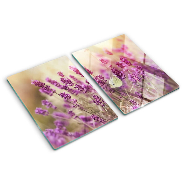 Planche à découper verre Champ de lavande avec un papillon