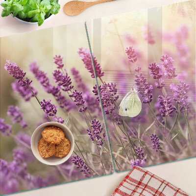 Planche à découper verre Champ de lavande avec un papillon