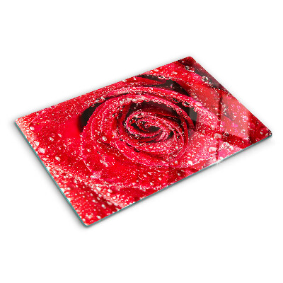 Planche à découper verre Rose rouge avec des gouttes d'eau