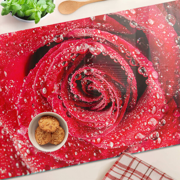 Planche à découper verre Rose rouge avec des gouttes d'eau