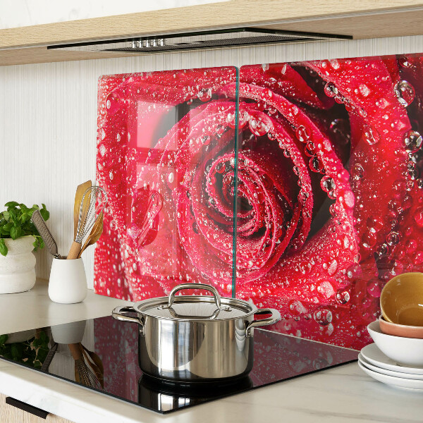 Planche à découper verre Rose rouge avec des gouttes d'eau