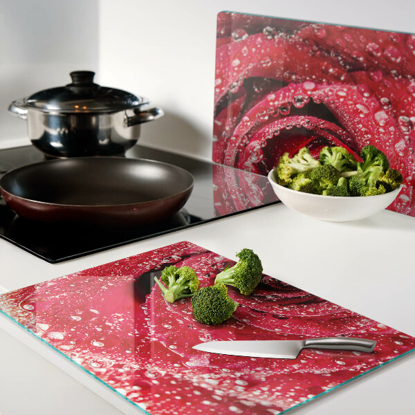 Planche à découper verre Rose rouge avec des gouttes d'eau