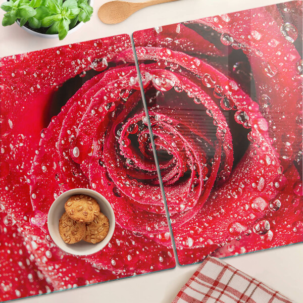 Planche à découper verre Rose rouge avec des gouttes d'eau