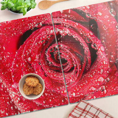 Planche à découper verre Rose rouge avec des gouttes d'eau