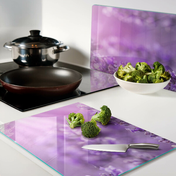 Planche à découper en verre Fleurs de lavande sur fond violet