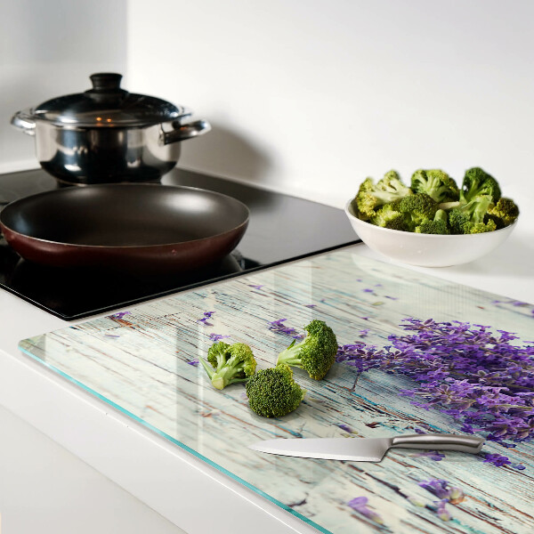 Planche à découper verre Lavande sur fond de bois
