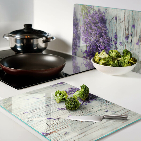 Planche à découper verre Lavande sur fond de bois