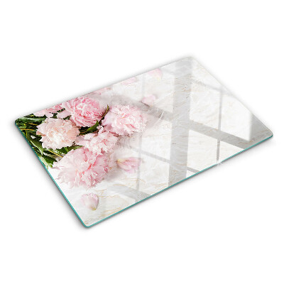 Planche à découper verre Fleurs de pivoine sur fond de marbre