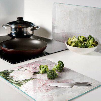 Planche à découper verre Fleurs de pivoine sur fond de marbre