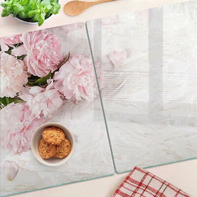 Planche à découper verre Fleurs de pivoine sur fond de marbre