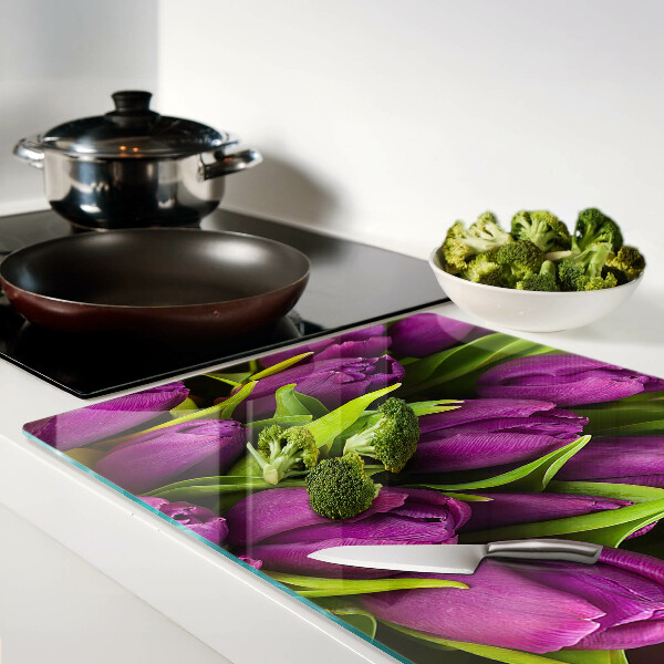 Planche à découper en verre Tulipes violettes aux feuilles vertes