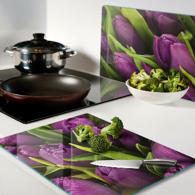 Planche à découper en verre Tulipes violettes aux feuilles vertes