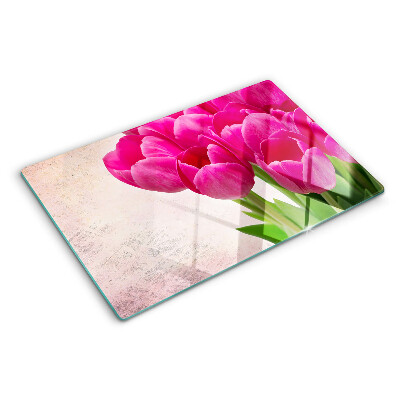 Planche à découper en verre Fleurs de tulipes sur fond rose