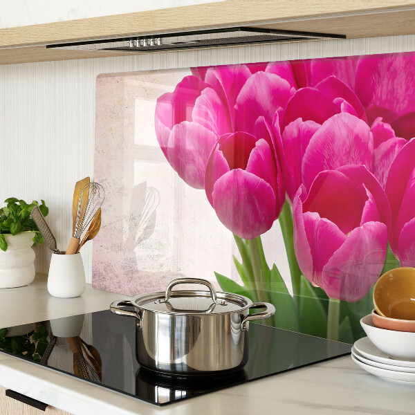 Planche à découper en verre Fleurs de tulipes sur fond rose