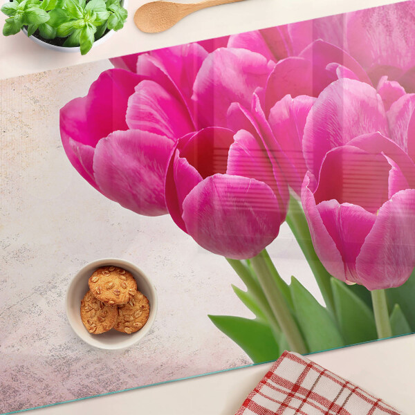 Planche à découper en verre Fleurs de tulipes sur fond rose