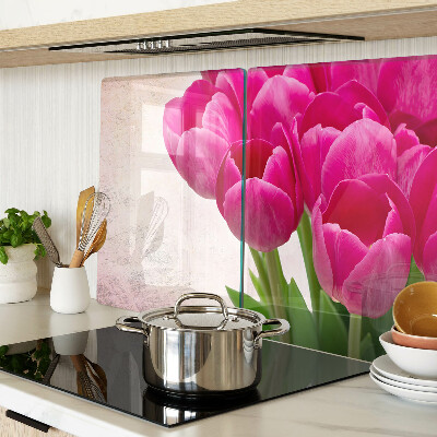 Planche à découper en verre Fleurs de tulipes sur fond rose