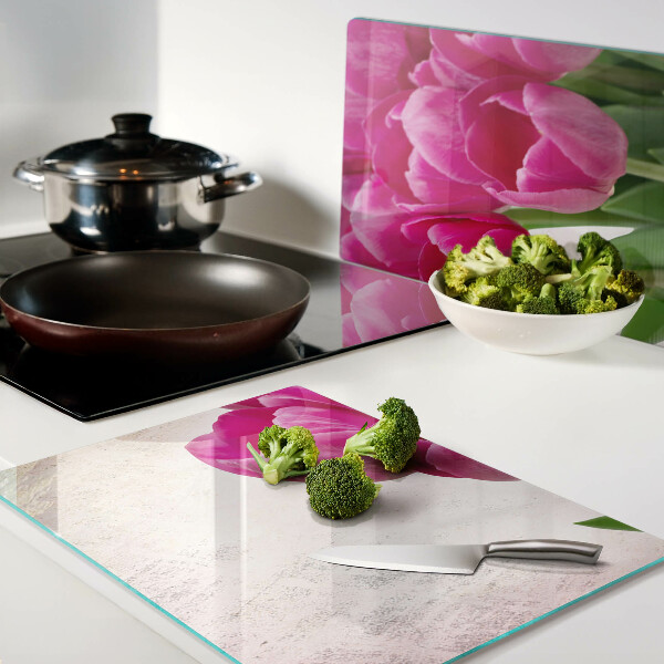 Planche à découper en verre Fleurs de tulipes sur fond rose