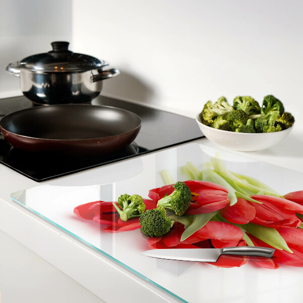 Planche à découper en verre Tulipes rouges sur fond blanc
