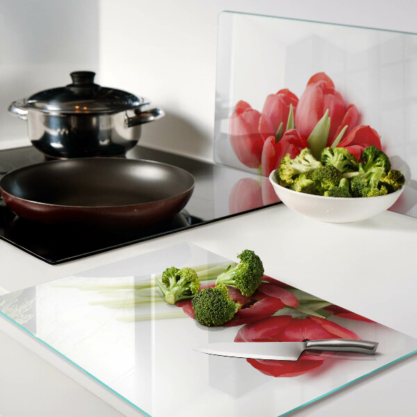 Planche à découper en verre Tulipes rouges sur fond blanc
