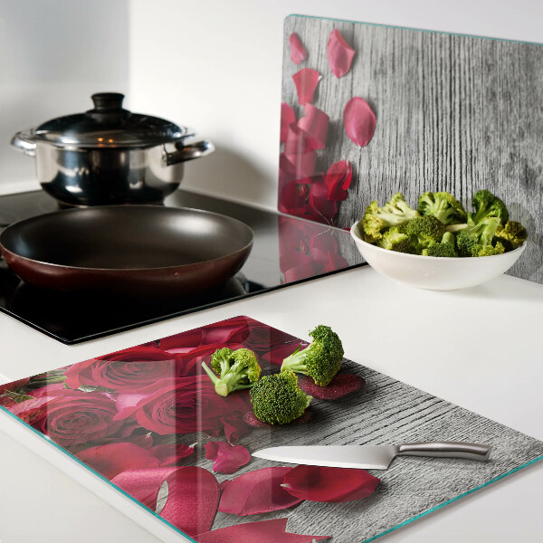 Planche à découper verre Roses et pétales de cœur