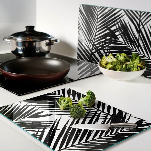 Planche à découper en verre Feuilles de palmier en noir et blanc