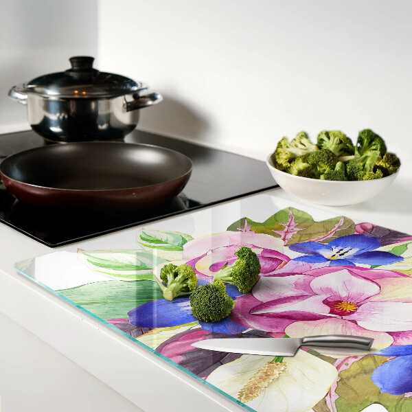 Planche à découper verre Motif floral avec des fleurs roses et bleues
