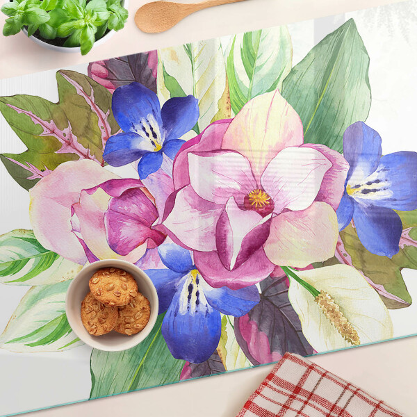 Planche à découper verre Motif floral avec des fleurs roses et bleues