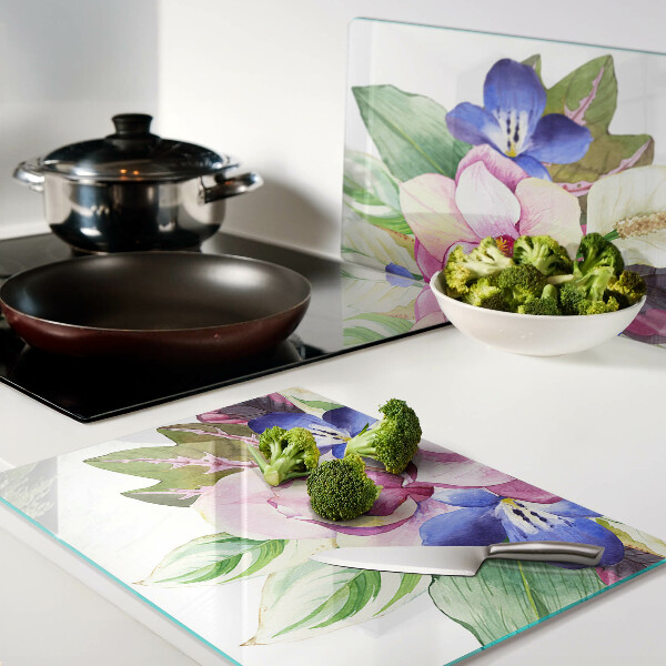 Planche à découper verre Motif floral avec des fleurs roses et bleues