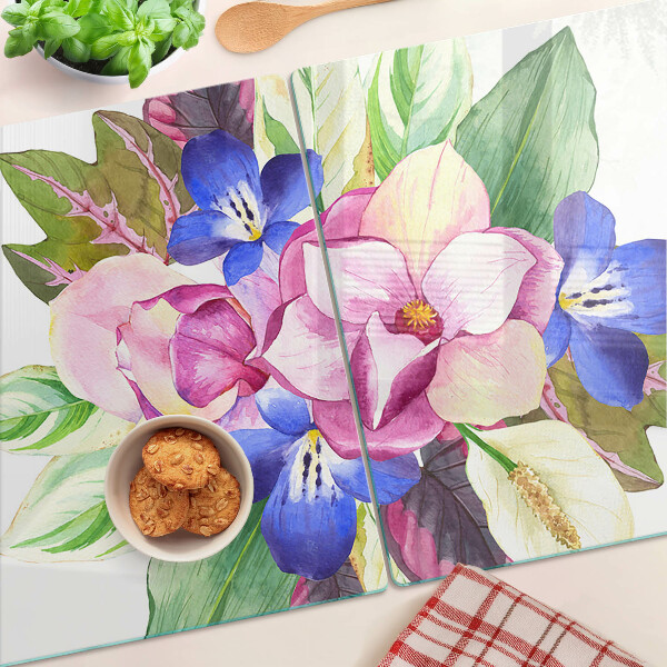 Planche à découper verre Motif floral avec des fleurs roses et bleues