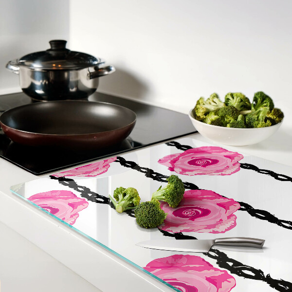 Planche à découper en verre Roses sur fond de ligne noire