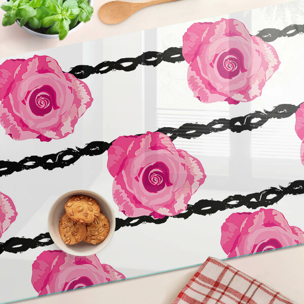 Planche à découper en verre Roses sur fond de ligne noire