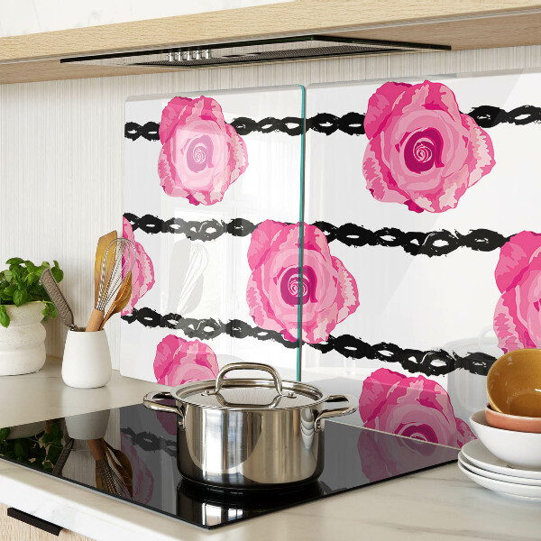 Planche à découper en verre Roses sur fond de ligne noire