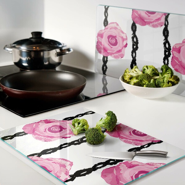 Planche à découper en verre Roses sur fond de ligne noire
