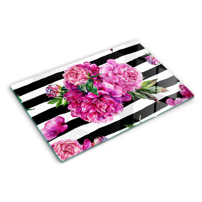 Planche à découper verre Fleurs de pivoine sur bandes