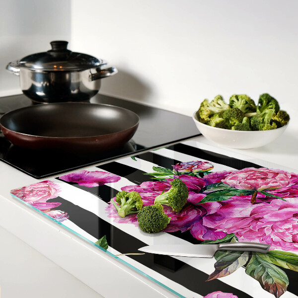 Planche à découper verre Fleurs de pivoine sur bandes