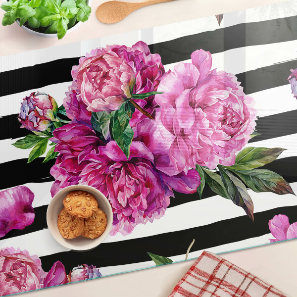Planche à découper verre Fleurs de pivoine sur bandes