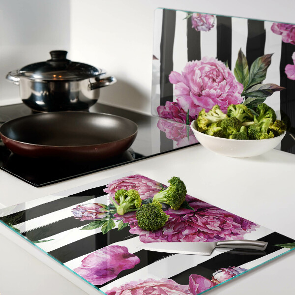 Planche à découper verre Fleurs de pivoine sur bandes