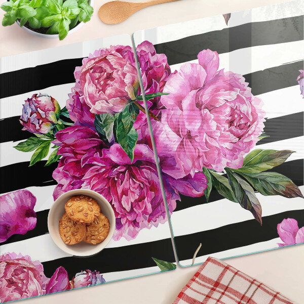 Planche à découper verre Fleurs de pivoine sur bandes