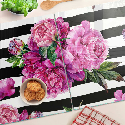Planche à découper verre Fleurs de pivoine sur bandes